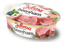 a container of johna beenham with slices of meat on top