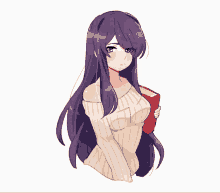 a drawing of a girl with long purple hair holding a book