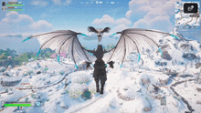 a screenshot of a video game with a dragon flying over a snowy field