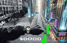 a man wearing an apple watch looks out over a city with a green line that says $ dood on it