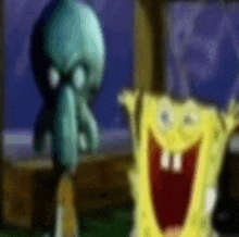 spongebob and squidward from spongebob squarepants are laughing together in a blurry picture .