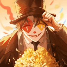 a man wearing a top hat and a clown mask is holding a bouquet of flowers