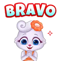 a cartoon rabbit with a flower in her hair and the word bravo behind her