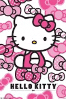 a hello kitty poster with pink bows on a white background