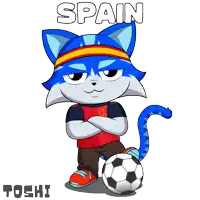 a cartoon cat with a soccer ball and the word spain behind him
