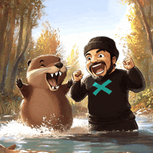 a man in a black shirt with an x on it is playing with a beaver