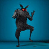 a black monster with red eyes is standing on a blue surface