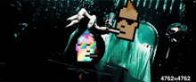 a person is smoking a cigarette while holding a bottle with a pixel art face on it .