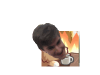 a picture of a man with a cup of coffee behind him