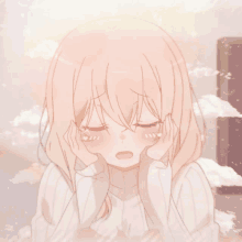 a pink haired anime girl with her eyes closed and her hands on her face