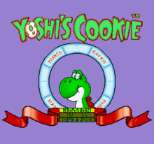 a video game called yoshi 's cookie has a green dinosaur in a circle