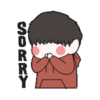 a boy in a red hoodie is covering his face with his hands and the word sorry is above him