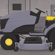 a lawn mower is parked in a garage next to a wall .