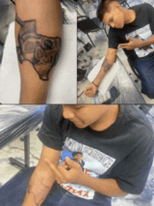 a man is getting a tattoo on his arm and wearing a t-shirt that says texas