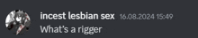 a screenshot of a discord message that says incest lesbian sex what 's a rigger