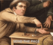 a painting of a man sitting at a table with the words send the page underneath him