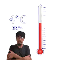 a man standing next to a thermometer that reads 39 degrees celsius
