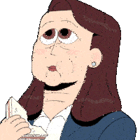 a cartoon drawing of a woman eating a piece of sandwich