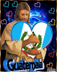 a painting of jesus holding a heart with the word guatemala on it