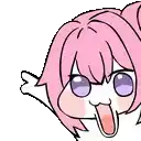 a cartoon of a girl with pink hair and purple eyes sticking her tongue out .