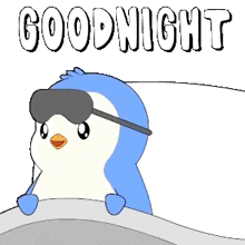 a penguin wearing a sleep mask and sunglasses is laying in a bed .