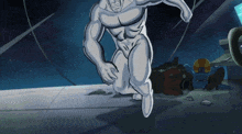 a cartoon drawing of a man in a white bodysuit running