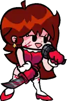 a cartoon character is holding a microphone and a knife .