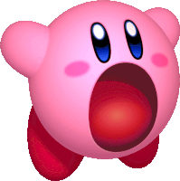 a pink kirby with a red ball in its mouth