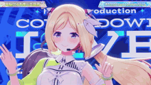 a girl with a microphone on her head is standing in front of a sign that says production down