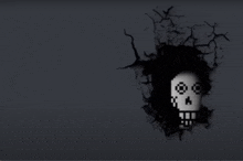 a pixelated skull is breaking through a wall