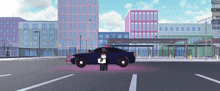 a police car is parked in a parking lot in front of a city