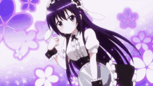 a girl with long purple hair is wearing a maid costume and holding a pot .