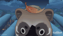 a video game called genshin impact shows a raccoon with a leaf on his head