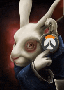 a white rabbit with a overwatch logo on its face