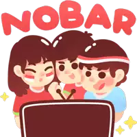 a cartoon illustration of three people watching a tv with the word nobar above them