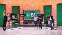 a group of women are dancing in front of a tv that says music week on it