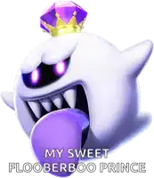 a white boo with a purple tongue and a purple crown on his head says my sweet flooberboo prince