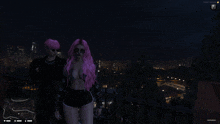 a girl with pink hair stands next to a man in a video game