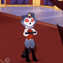 a cartoon character is standing on a red carpet in a room holding a sword .