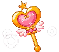 a pixel art illustration of a heart shaped wand with wings and a star on top .