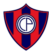 a blue and red shield with a white circle with the letter p in it