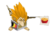 a cartoon character holding a gun and a flag with french fries on it