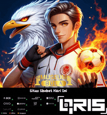 a man holding a soccer ball in front of an eagle that says situs sbobet hari ini