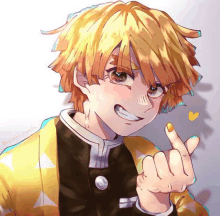 a drawing of a boy with yellow hair making a heart shape with his fingers .