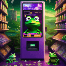 two frogs are standing in front of a purple vending machine that says netcr