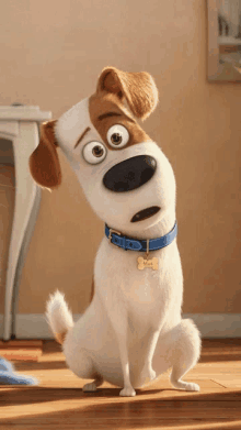 a cartoon dog wearing a blue collar and a tag that says max