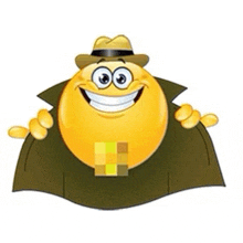 a smiley face wearing a hat and a trench coat is smiling .