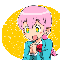 a cartoon of a girl with pink hair and a yellow background