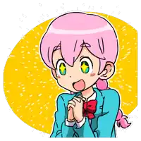 a cartoon of a girl with pink hair and a yellow background