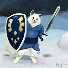 a drawing of a dog holding a sword and shield with the name stephen on the bottom